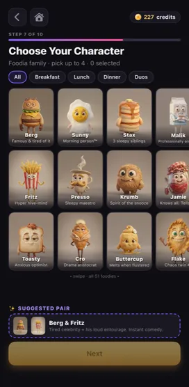 Character cast picker showing claymation Foodia characters
