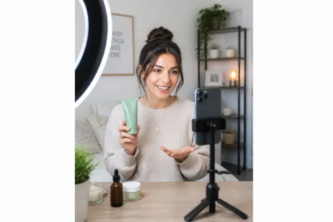 Creator recording a UGC product review video with a phone and ring light