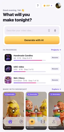 BoomCast home screen with the AI prompt card