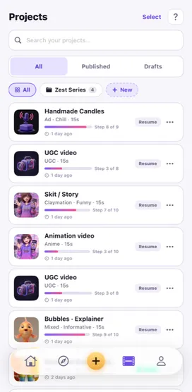 Projects screen with folders, drafts and search